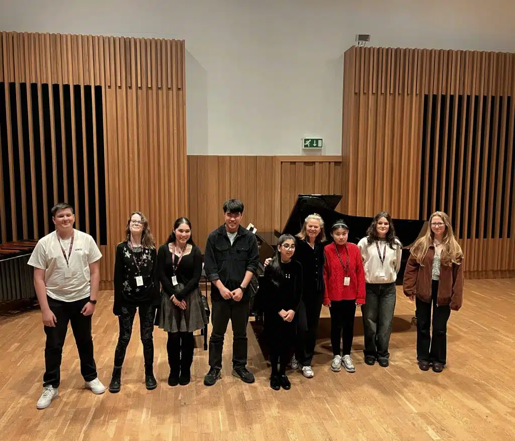Kathryn Stott with young musicians on Young Sounds UK's Thrive programme at the Piano Masterclass, Chetham's School of Music